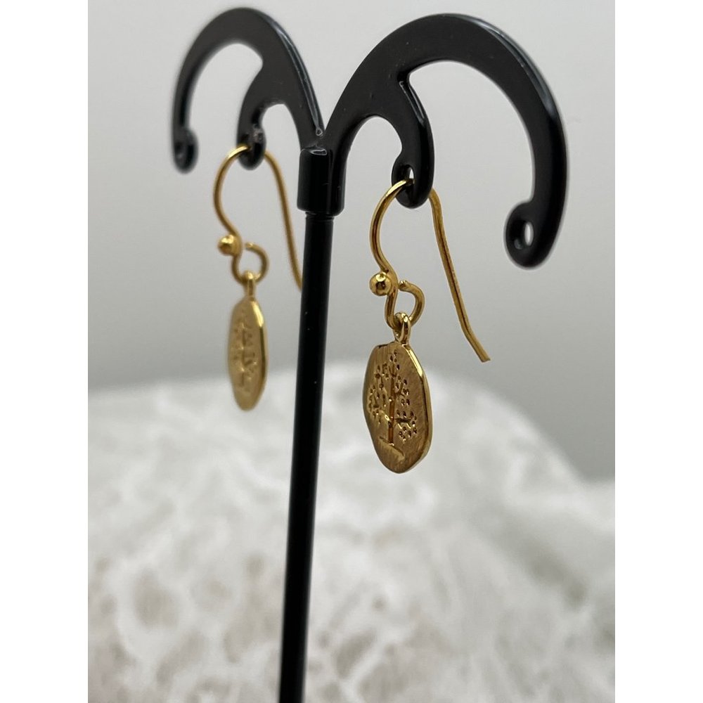 Gold Tone Tree Engraved Round Dangle Earrings - Picture 7 of 12